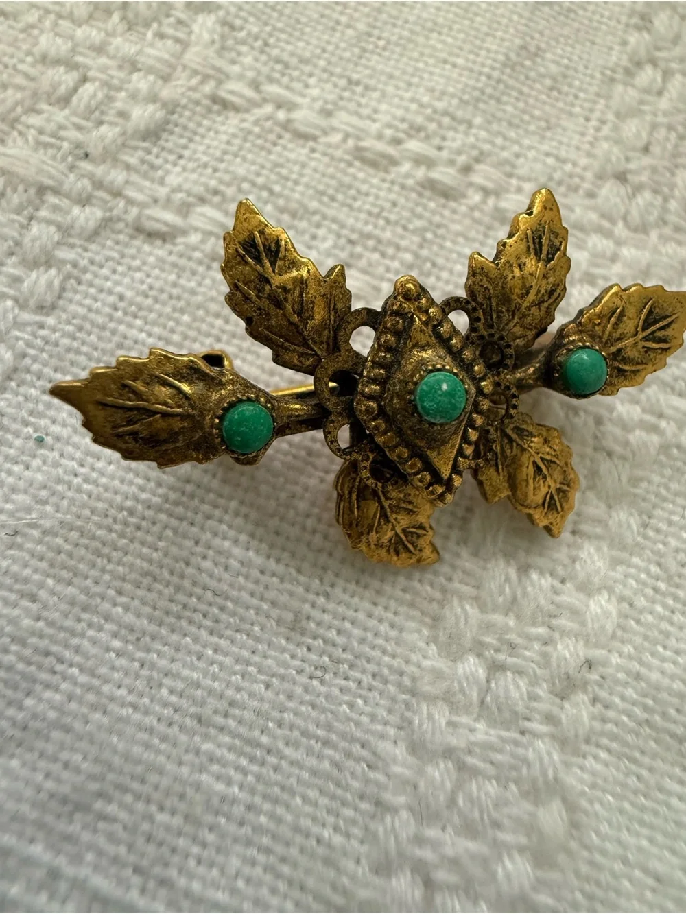Vintage French Gold-Tone Leaf Brooch with Green Stones 1950s